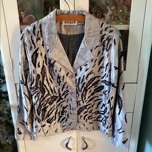 Anage sz M Vintage Silk Silver and Black Patterned Jacket beaded